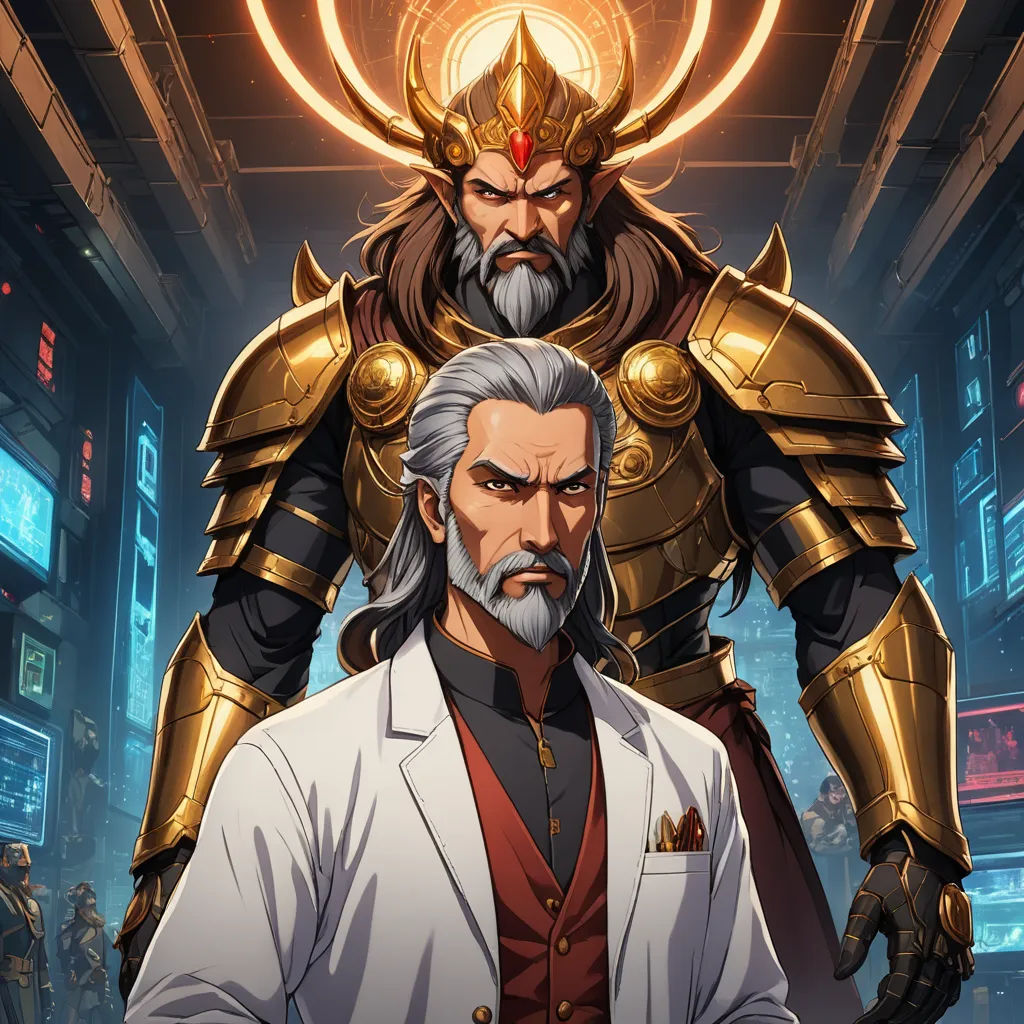 a man in a suit and a beard standing next to a robot in a room with other people in it, rayonism, concept art, Du Jin, key art