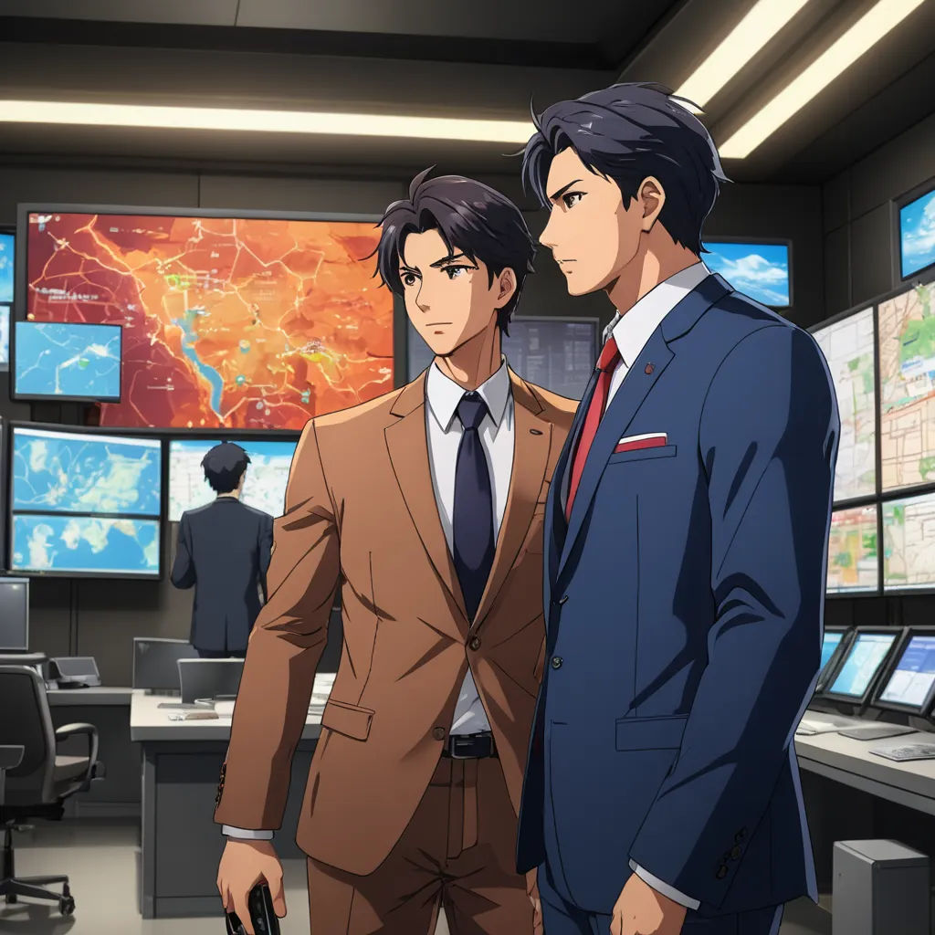 two men in suits standing in front of a television screen with a map on it and a map on the wall, serial art, concept art, Ai-Mitsu, official art