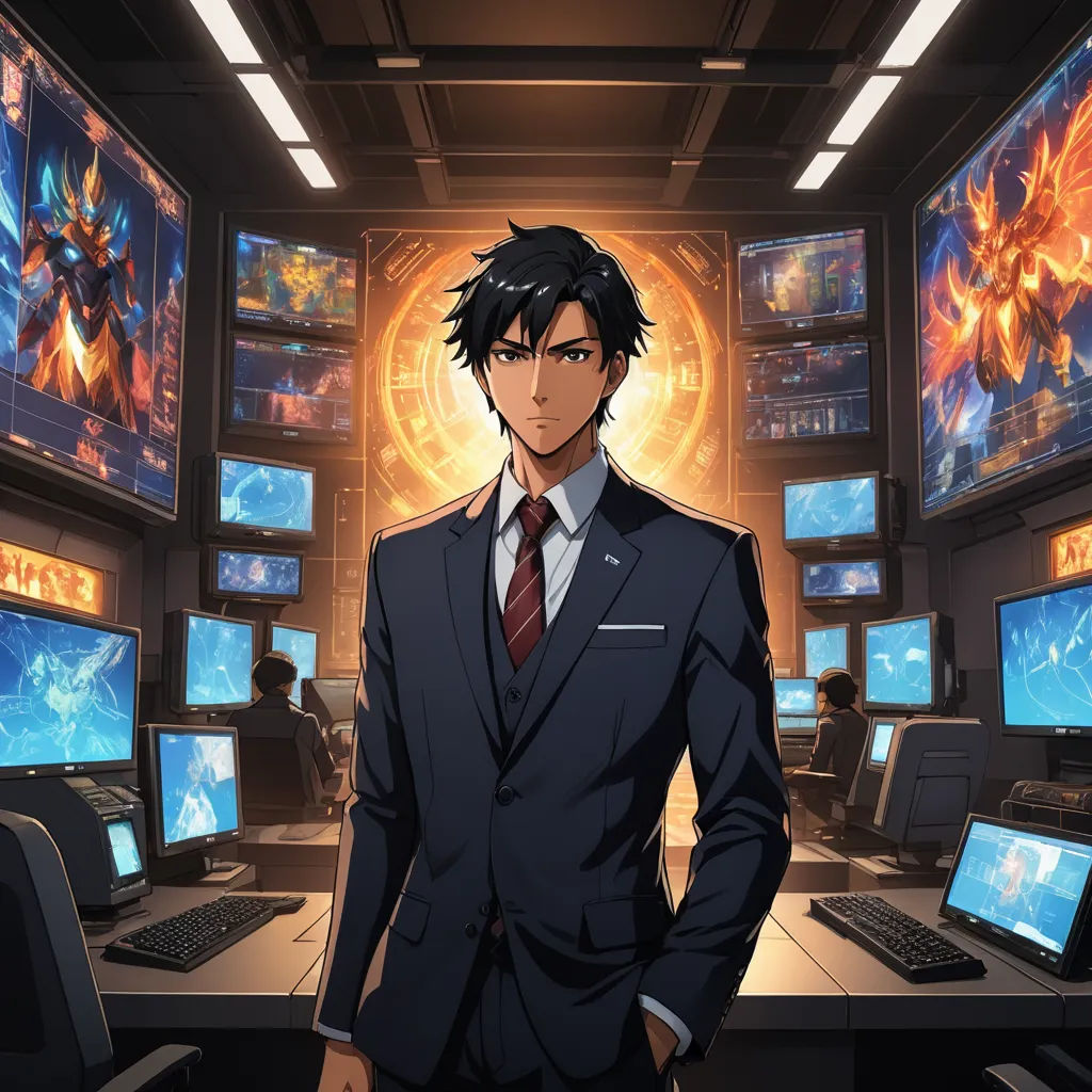 a man in a suit standing in front of a bunch of monitors and laptops in a room with a lot of monitors, rayonism, a character portrait, Cedric Seaut (Keos Masons), anime key visual