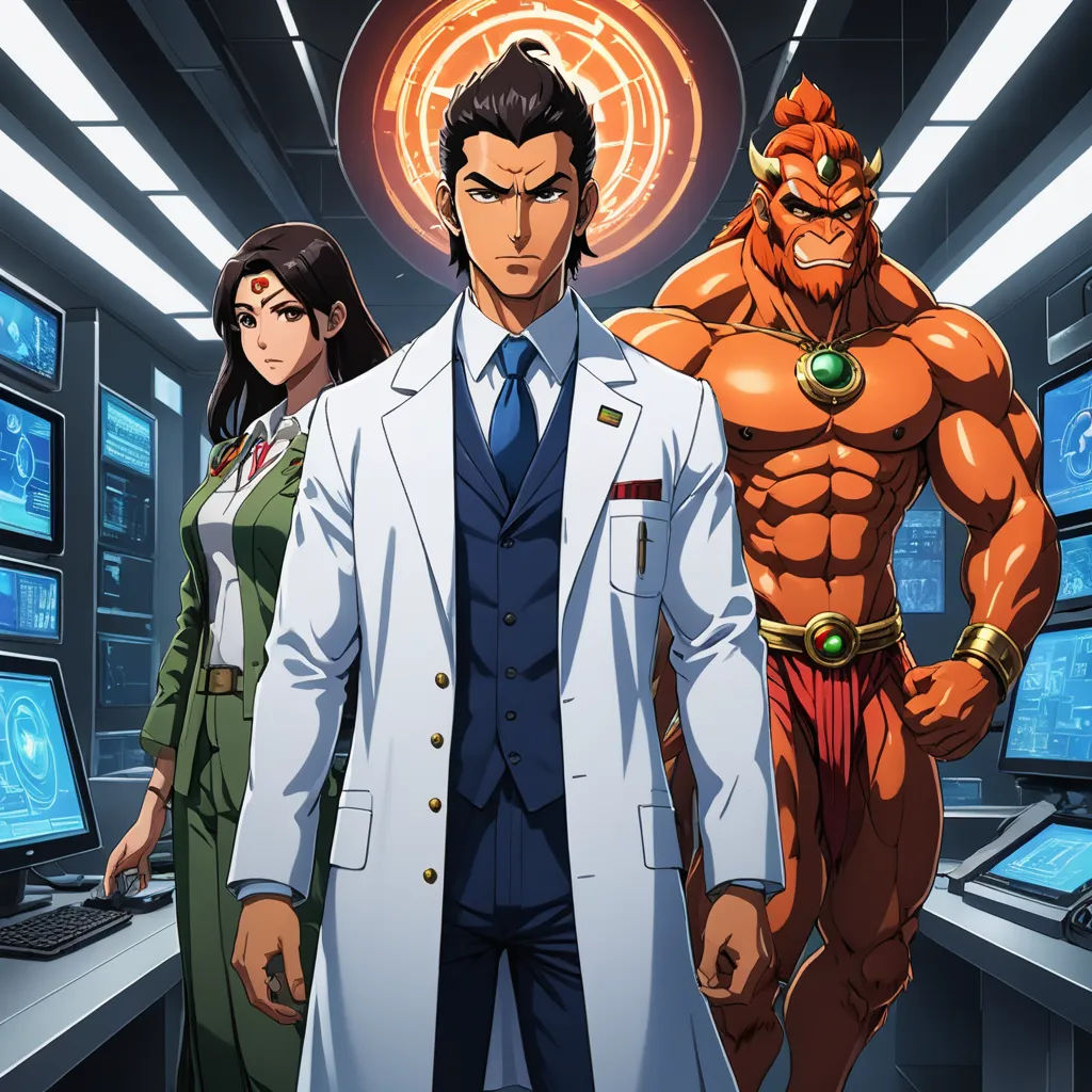 a man in a lab coat standing next to two women in a room with computers and monitors on the walls, dau-al-set, a poster, Baiōken Eishun, official art