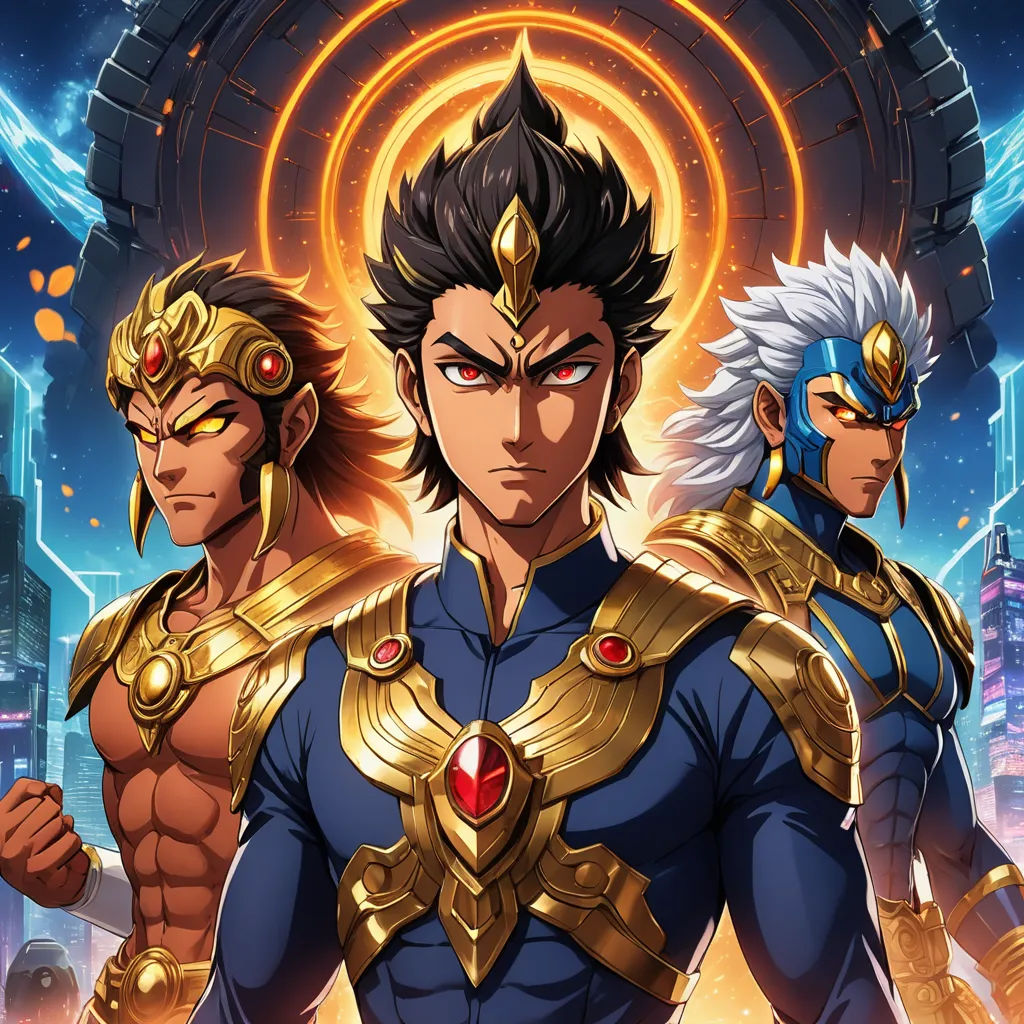 two men in costumes standing next to each other in front of a cityscape with a futuristic background, afrofuturism, poster art, Altoon Sultan, official art