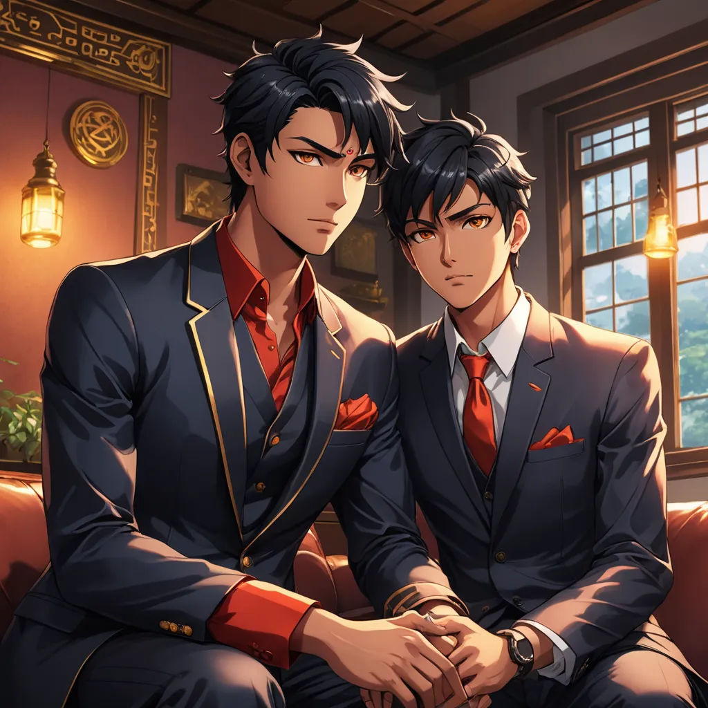 two men in suits sitting on a couch in a room with windows and a clock on the wall behind them, sots art, a stock photo, Du Jin, official art