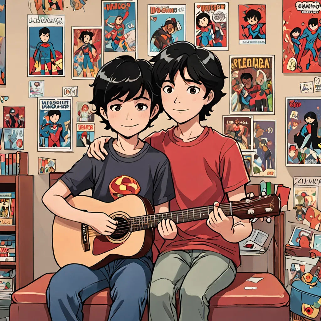 two young boys sitting on a couch playing a guitar together in front of a wall of comics and comics, lyco art, a comic book panel, Diego Gisbert Llorens, official art