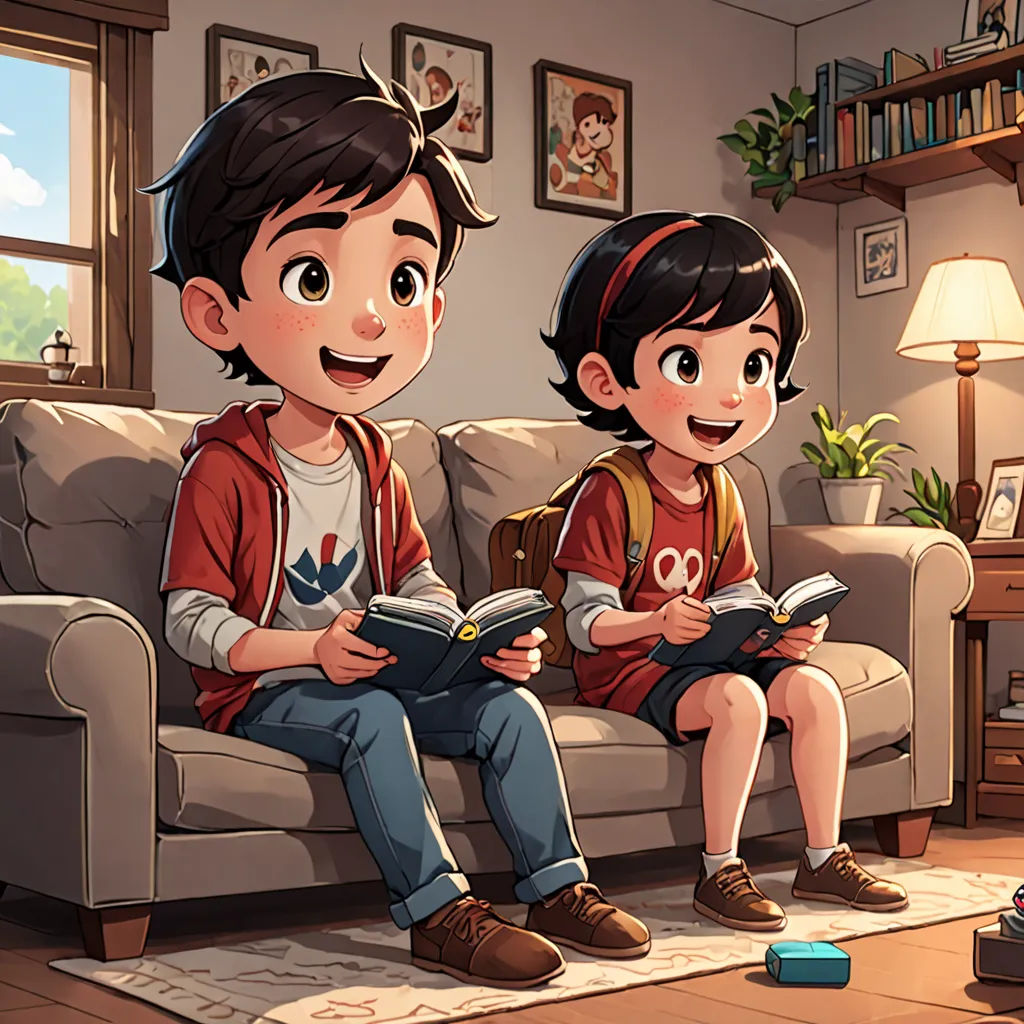 a boy and a girl sitting on a couch reading a book together in a living room with a lamp on, sots art, a storybook illustration, Diego Gisbert Llorens, video game