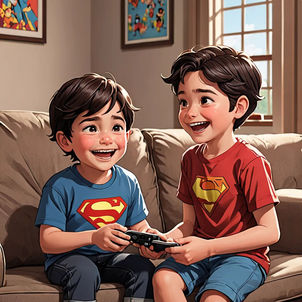 two children sitting on a couch playing a video game together, one boy is smiling and the other boy is holding a controller, sots art, a comic book panel, Diego Gisbert Llorens, comic book