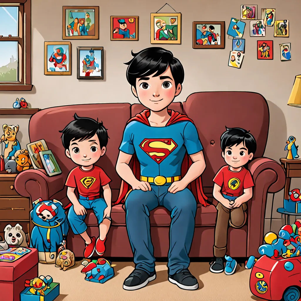 a man sitting on a couch with two children in front of him and a dog on the floor behind him, lyco art, a comic book panel, Diego Gisbert Llorens, comic cover art