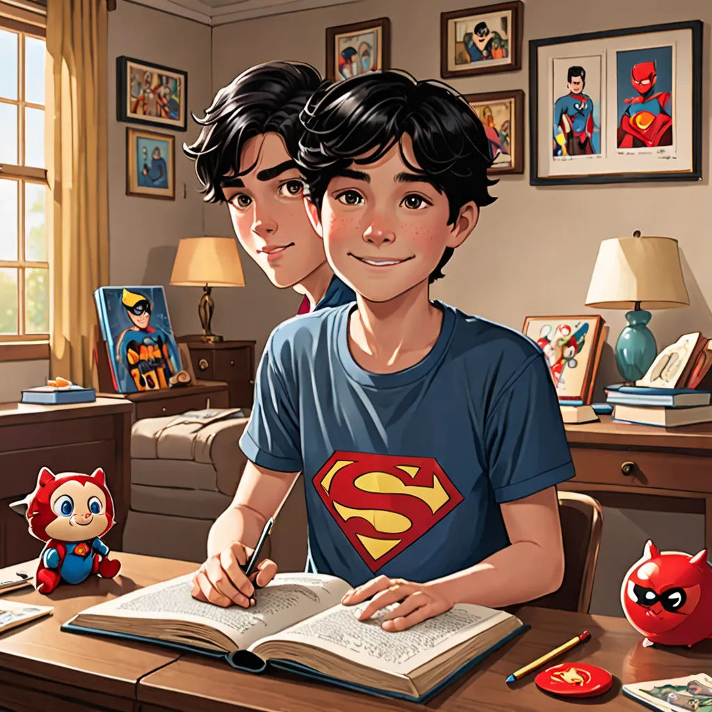 a boy and girl sitting at a desk with a book and a toy in front of them, and a stuffed animal, sots art, a comic book panel, Everett Warner, comic cover art