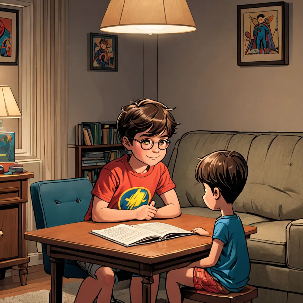 a boy and a boy sitting at a table in a living room with a book open to a comic book, photorealism, a comic book panel, Brothers Hildebrandt, comic book