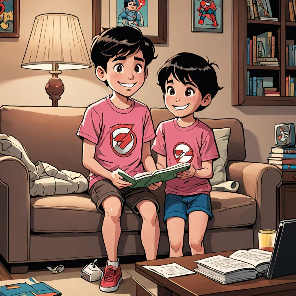 a boy and girl sitting on a couch reading a book together in a living room with a lamp on, lyco art, a comic book panel, Diego Gisbert Llorens, comic cover art