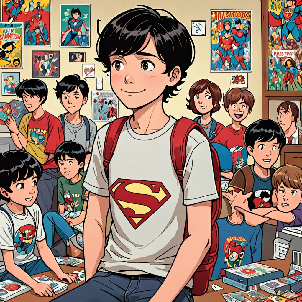 a boy in a white shirt and a superman shirt is standing in front of a group of children in a classroom, vancouver school, a comic book panel, Asaf Hanuka, comic cover art