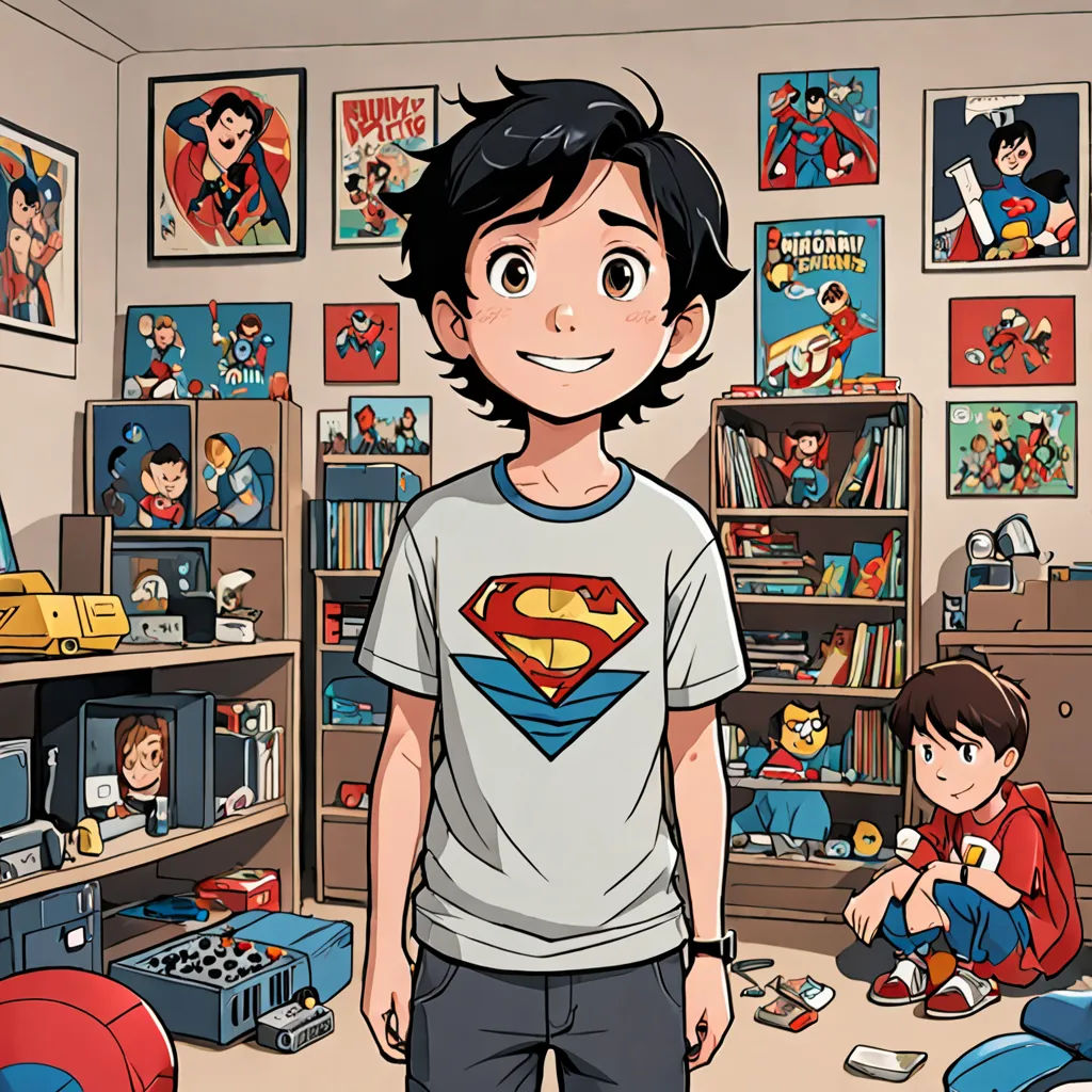 a boy in a room with a superman t - shirt on and a boy sitting on the floor in front of him, superflat, a comic book panel, Diego Gisbert Llorens, comic book