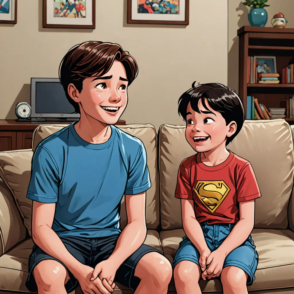 a boy and a boy sitting on a couch in a living room with a tv in the background and a picture of a superman on the wall, sots art, a comic book panel, Everett Warner, comic book