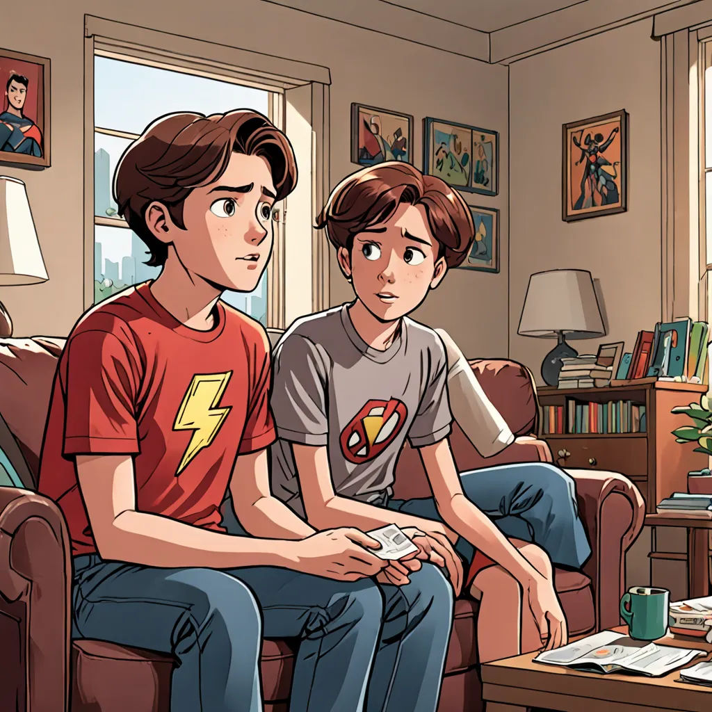 a boy and a boy sitting on a couch in a living room with a tv and a coffee table, shock art, a comic book panel, Brothers Hildebrandt, comic book