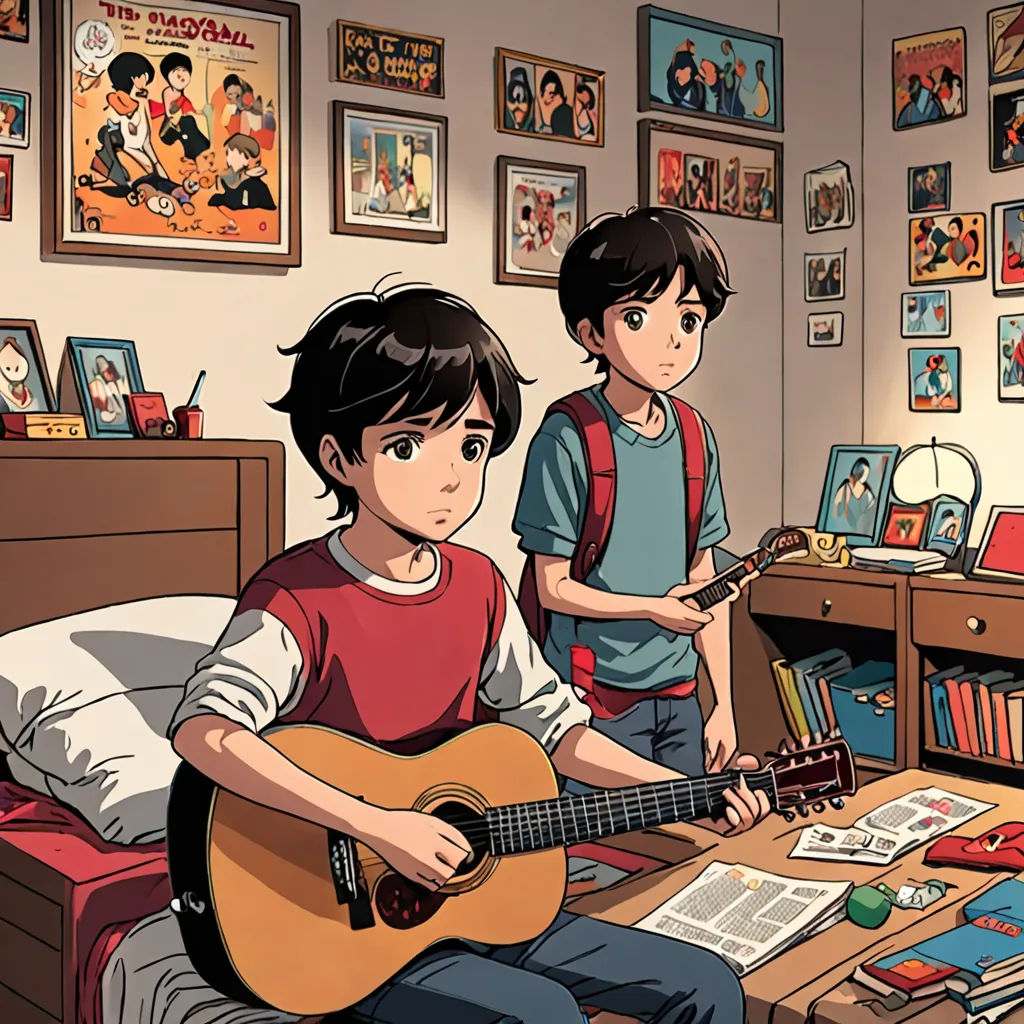 a boy playing a guitar in a bedroom with another boy sitting at a desk and a girl standing next to him, lyco art, a comic book panel, Diego Gisbert Llorens, official art