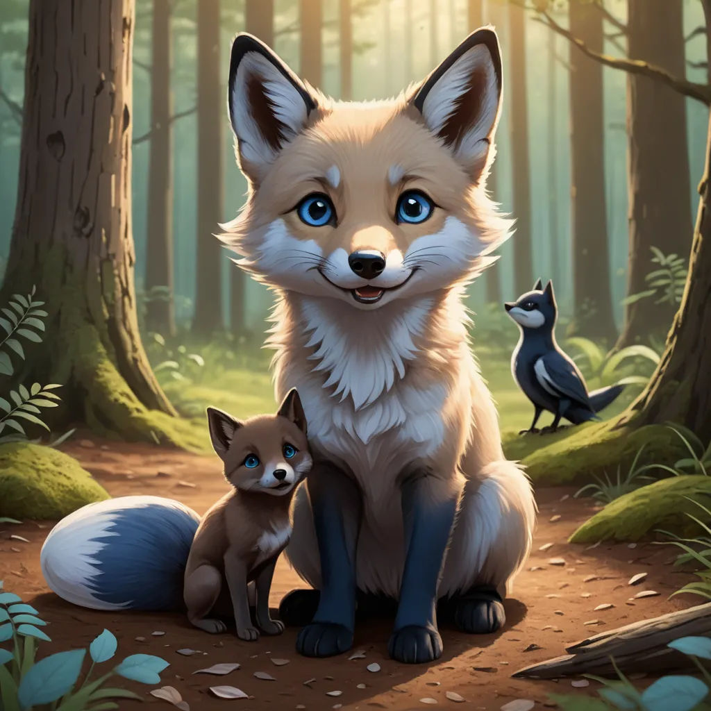 a painting of a fox and her cub in a forest with a bird on its back and a bird on its shoulder, furry art, a storybook illustration, Aaron Jasinski, official art