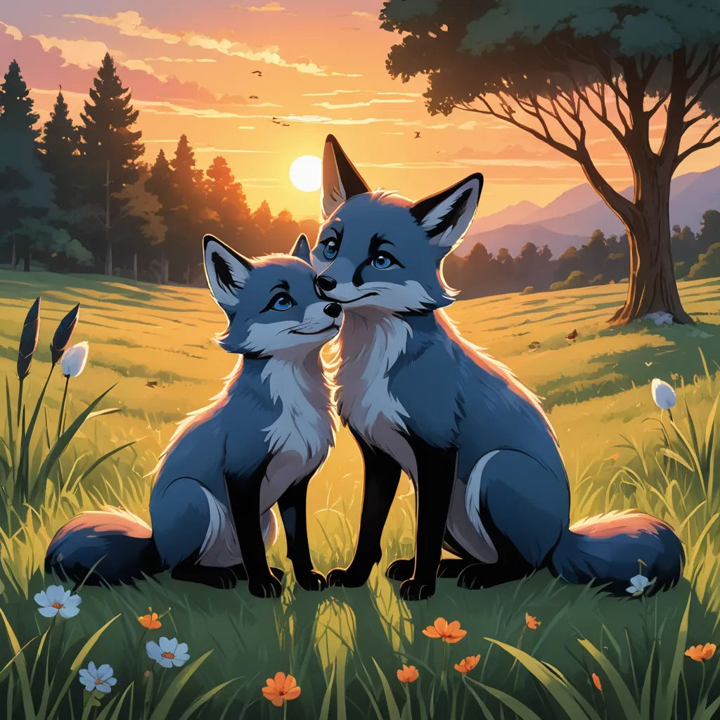 two foxes sitting in the grass with the sun setting behind them and trees in the background, with a field of flowers and flowers, furry art, a storybook illustration, Dan Mumford, official art