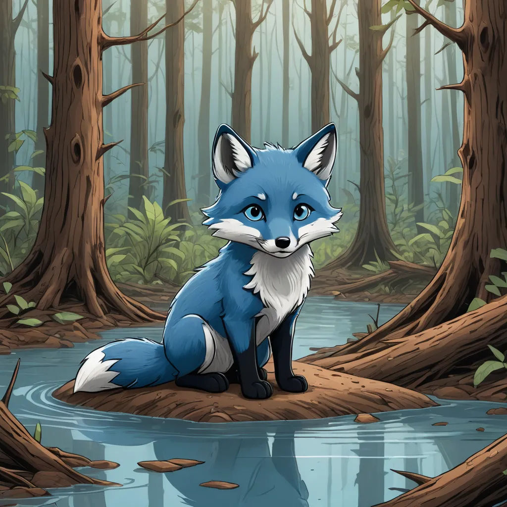 a blue fox sitting on a log in a forest next to a river and trees with leaves on the ground, furry art, a storybook illustration, Dan Mumford, storybook illustration