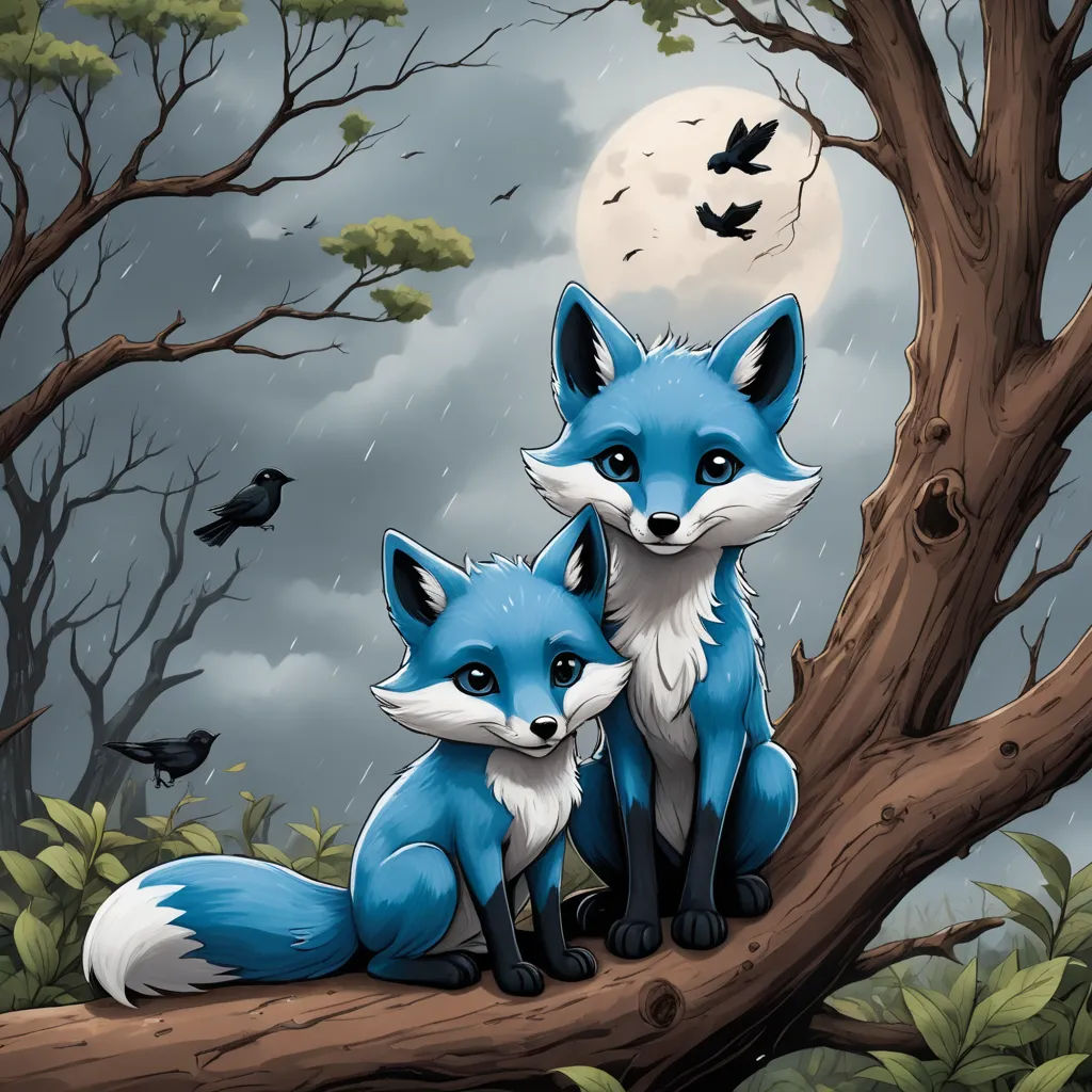 two foxes sitting on a tree branch in the rain with bats flying overhead and a full moon in the sky, furry art, a digital painting, Cyril Rolando, highly detailed digital painting