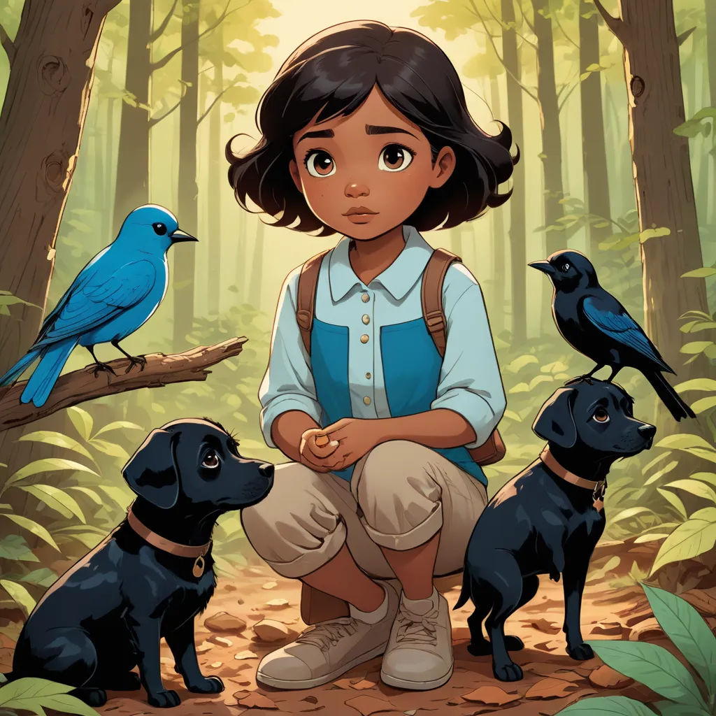 a girl sitting on a log with three dogs and a bird on her shoulder, and a bird on her shoulder, serial art, a character portrait, Cliff Childs, comic cover art