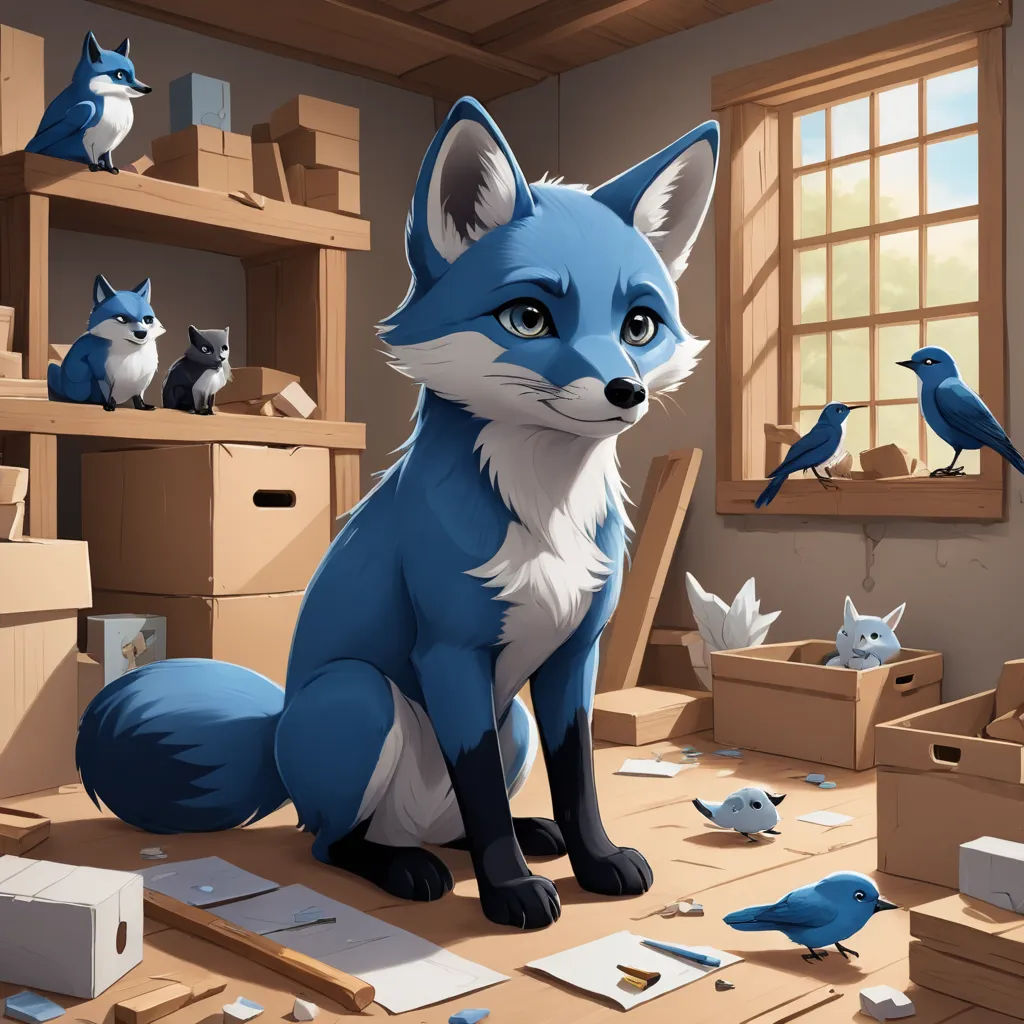 a painting of a fox sitting on a table surrounded by boxes and birds in a room with a window, furry art, a detailed painting, Chris LaBrooy, furaffinity