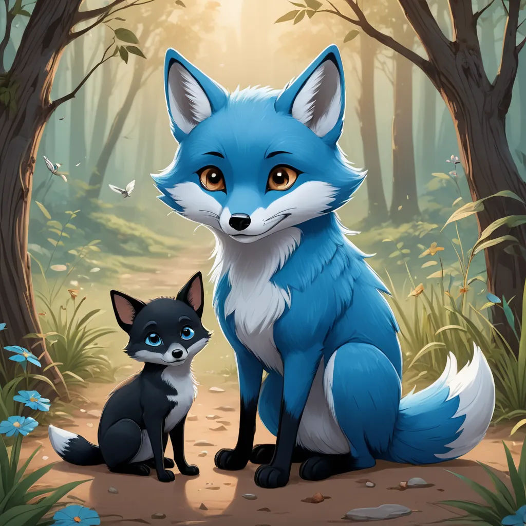 a blue fox and a black fox in a forest with blue flowers and butterflies on the ground and trees, furry art, a storybook illustration, ESAO, official art