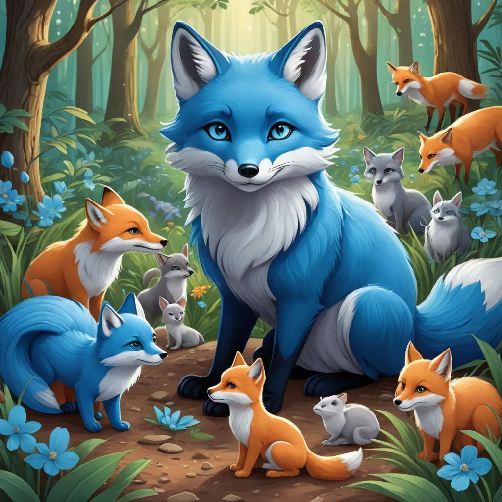 a painting of a fox and her cubs in the woods with blue flowers and leaves around it, with a sun shining through the trees, furry art, a storybook illustration, Cyril Rolando, furaffinity