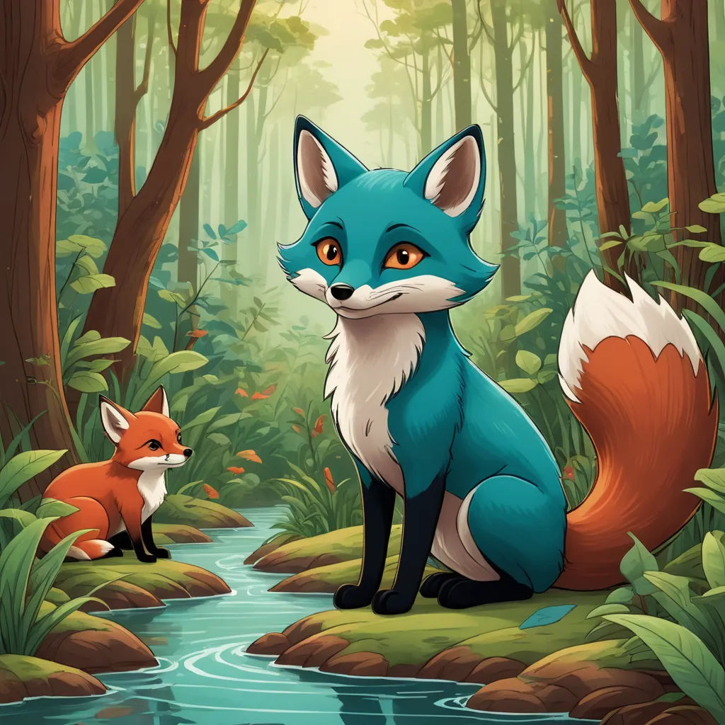 a fox and a fox cub sitting in the woods by a stream of water and trees with leaves on the ground, fantasy art, a storybook illustration, Diego Gisbert Llorens, storybook illustration