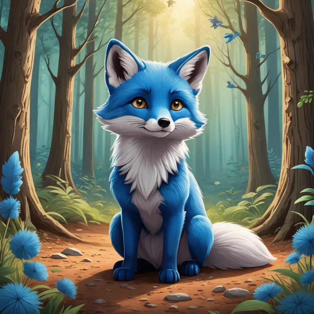a blue fox sitting in the middle of a forest with blue flowers and butterflies around it, looking at the camera, furry art, a storybook illustration, Dan Mumford, official art