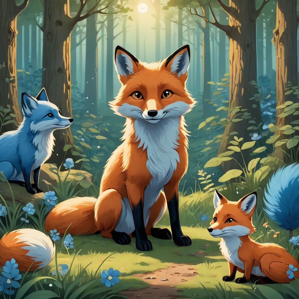 a painting of two foxes in a forest with blue flowers and trees in the background, with the sun shining through the trees, furry art, a storybook illustration, Dan Mumford, official art