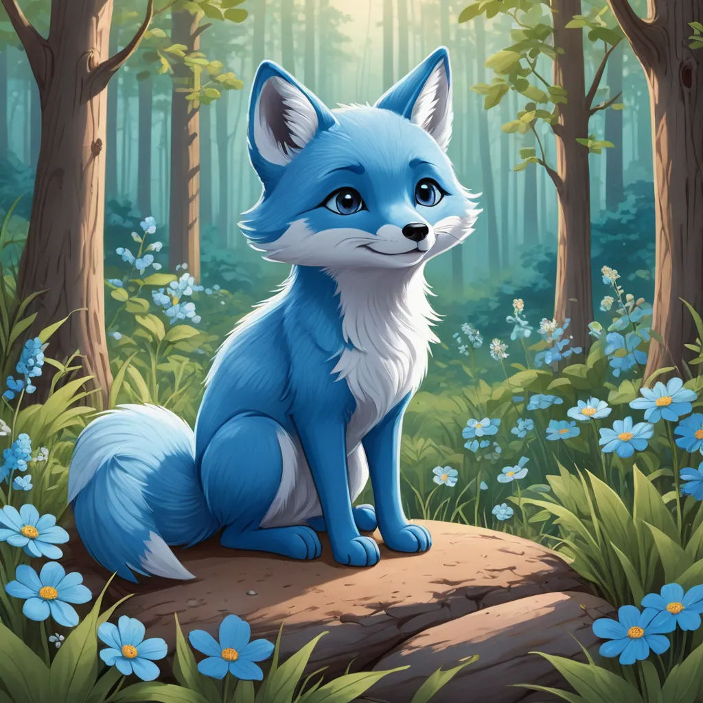 a blue fox sitting on a rock in a forest with blue flowers and trees around it, with a sunbeam in the background, furry art, a character portrait, ESAO, blue