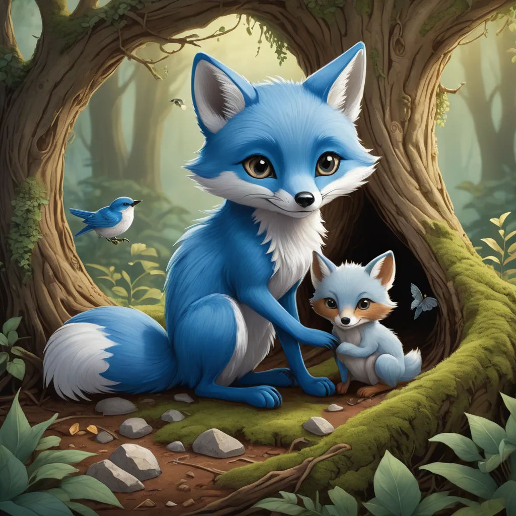 a painting of a fox and her baby in a forest with a bird flying by it's side, furry art, a storybook illustration, Chris LaBrooy, official art