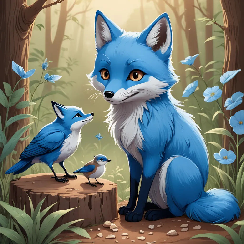 a blue fox and a bird are sitting on a stump in the woods with butterflies around them and a sunlit forest behind them, furry art, a storybook illustration, Anne Said, blue