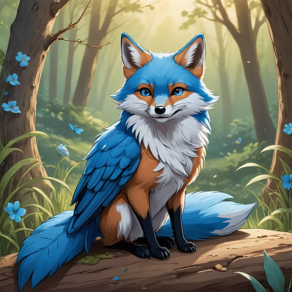 a blue fox sitting on a log in a forest with blue flowers and trees in the background, with a bright sun shining through the trees, furry art, a character portrait, Chris LaBrooy, magic the gathering artwork
