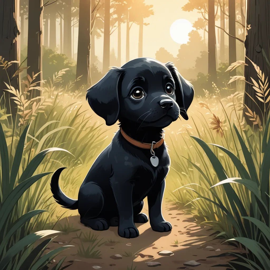 a black dog sitting in the middle of a forest with a sun in the background and grass and trees, sots art, a storybook illustration, Dan Mumford, game art