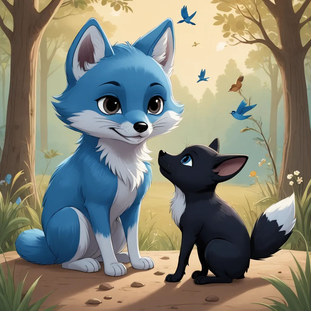 a blue fox and a black dog sitting in the woods together, with a butterfly flying overhead in the background, furry art, a storybook illustration, Bálint Kiss, cute and funny