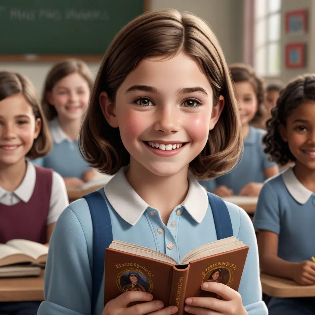 a cartoon girl smiling while holding a book in front of her in a classroom full of children in the background, photorealism, a storybook illustration, Bob Byerley, promotional image