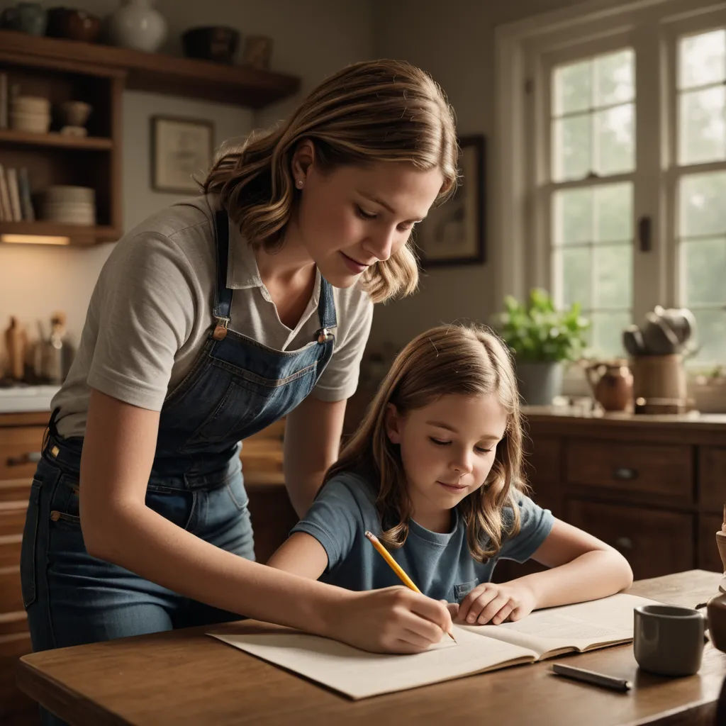 a woman and a girl are writing in a notebook at a kitchen table with a cup of coffee and a mug, arts and crafts movement, a stock photo, Art & Language, promotional image