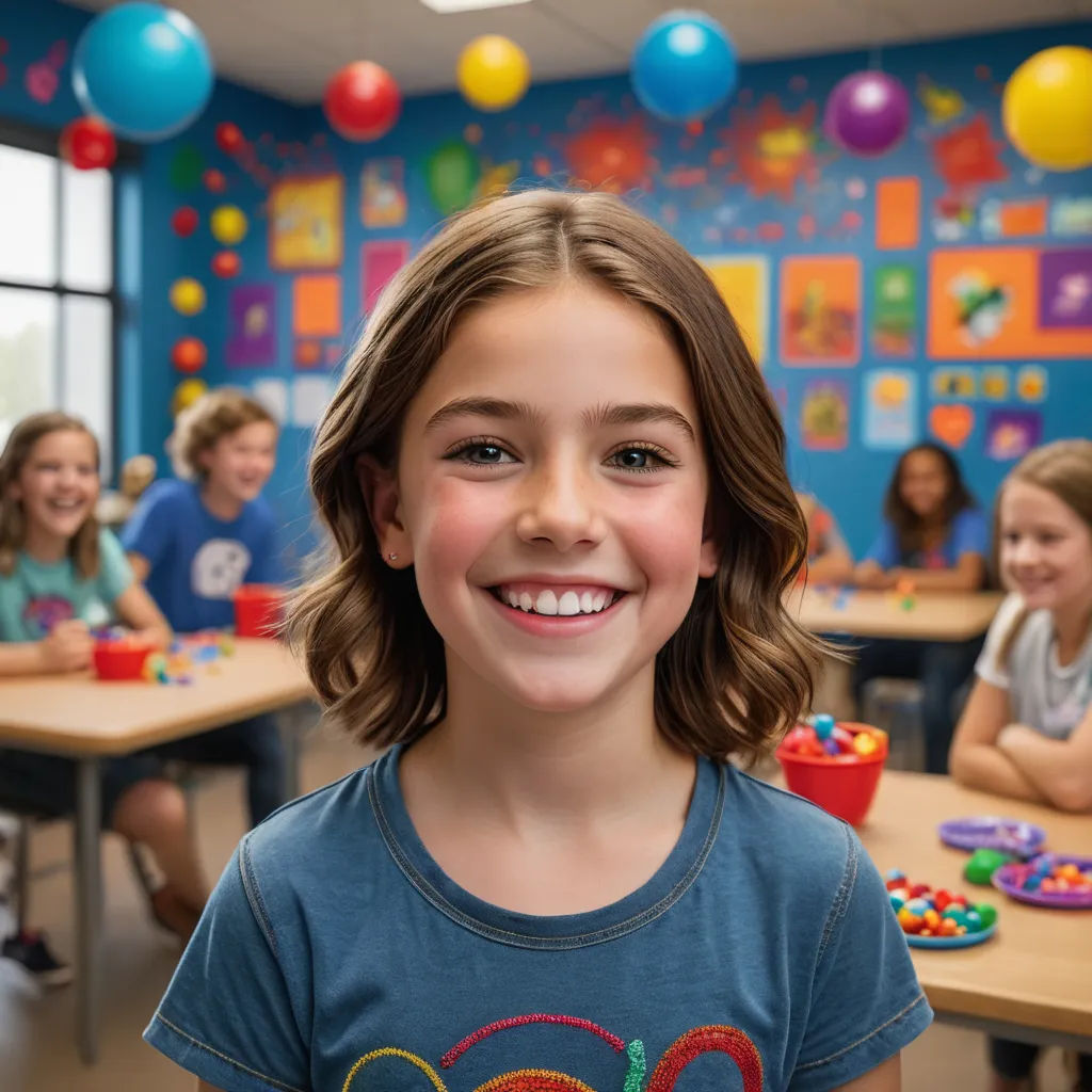 a young girl smiles in a classroom with balloons and toys on the wall behind her and a group of children sitting at desks, american barbizon school, a stock photo, Art & Language, promotional image