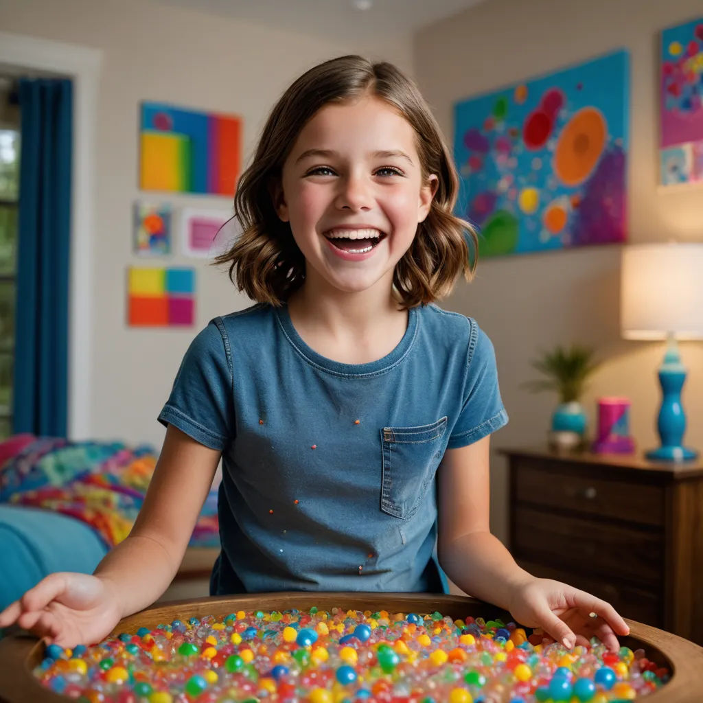 a girl smiles while holding a tray of candy beads in her hands and sitting on a bed in a bedroom, action painting, a stock photo, Ella Guru, promotional image
