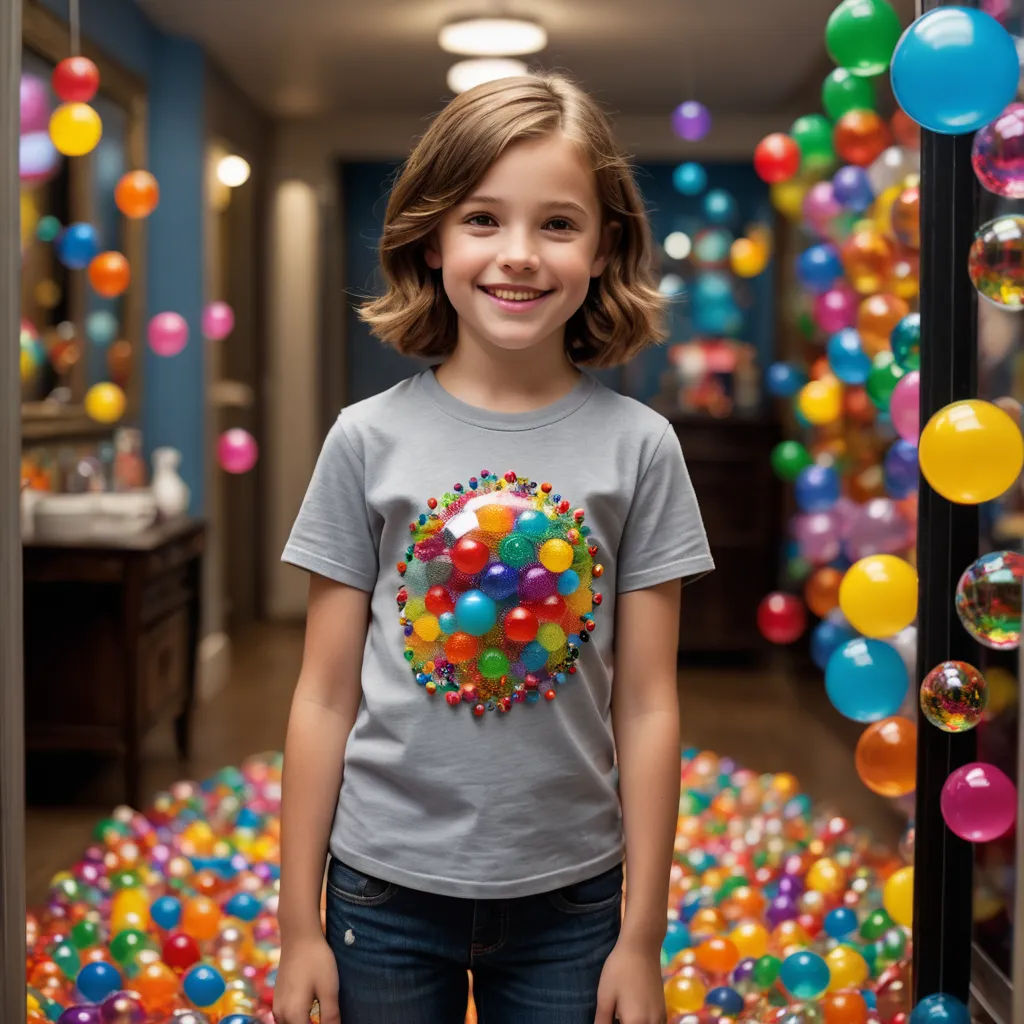 a young girl standing in a room full of balloons and balls in the air and smiling at the camera, kinetic art, a stock photo, Chris LaBrooy, promotional image