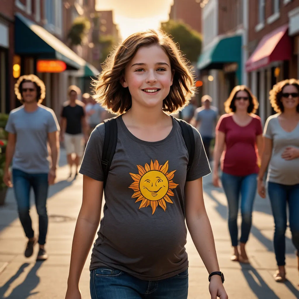 a woman walking down a street with a smile on her shirt on her stomach and a group of people walking behind her, rayonism, a stock photo, Elinor Proby Adams, sun