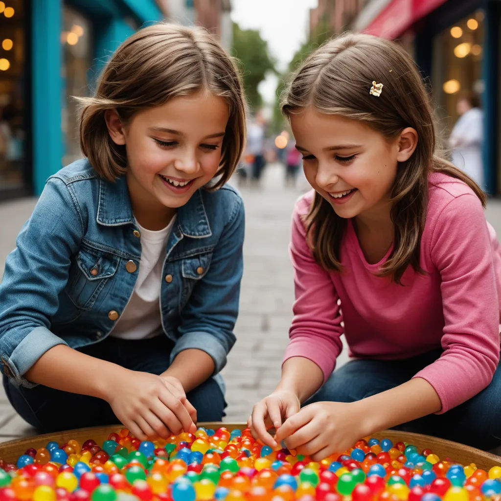 two girls playing with a large tray of candy beads on a sidewalk in a city street with people walking by, neoism, a stock photo, Emily Murray Paterson, shallow depth of field