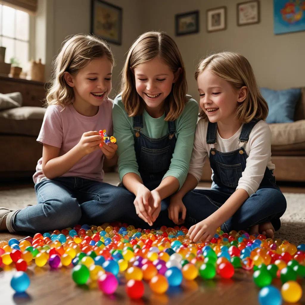 three girls playing with a variety of colorful beads on the floor of a living room area with a couch, net art, a stock photo, Claire Falkenstein, promotional image