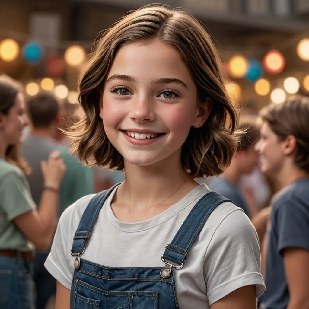 a young girl with a smile on her face and overalls on, standing in a crowded area with people, hyperrealism, a photorealistic painting, Elinor Proby Adams, girl