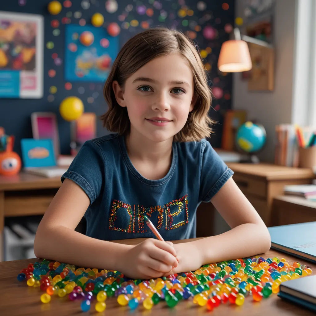 a young girl sitting at a table with a pencil in her hand and a bunch of beads on the table, kinetic pointillism, computer graphics, Claire Falkenstein, promotional image