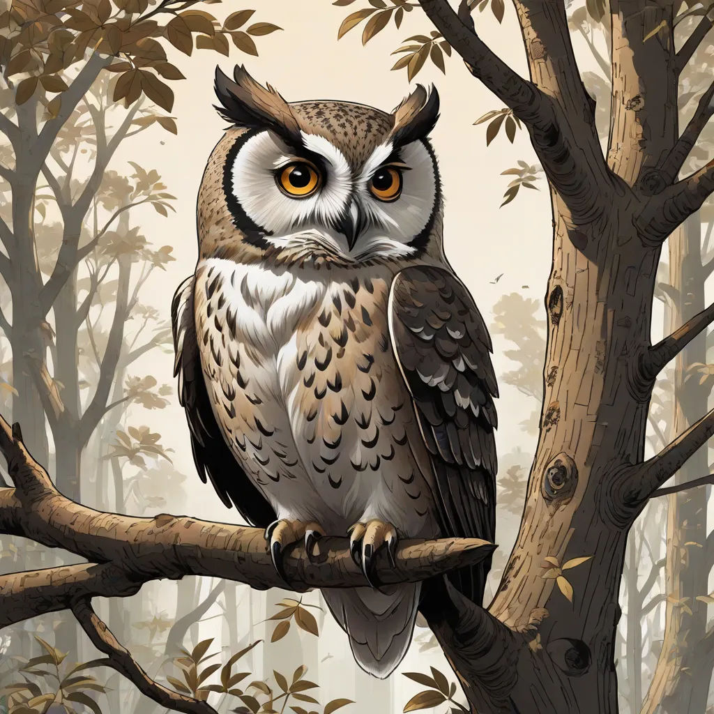 a painting of an owl sitting on a tree branch in a forest with leaves and branches around it, with a yellow - eyed owl perched on a branch, fantasy art, a storybook illustration, Dan Mumford, highly detailed digital painting