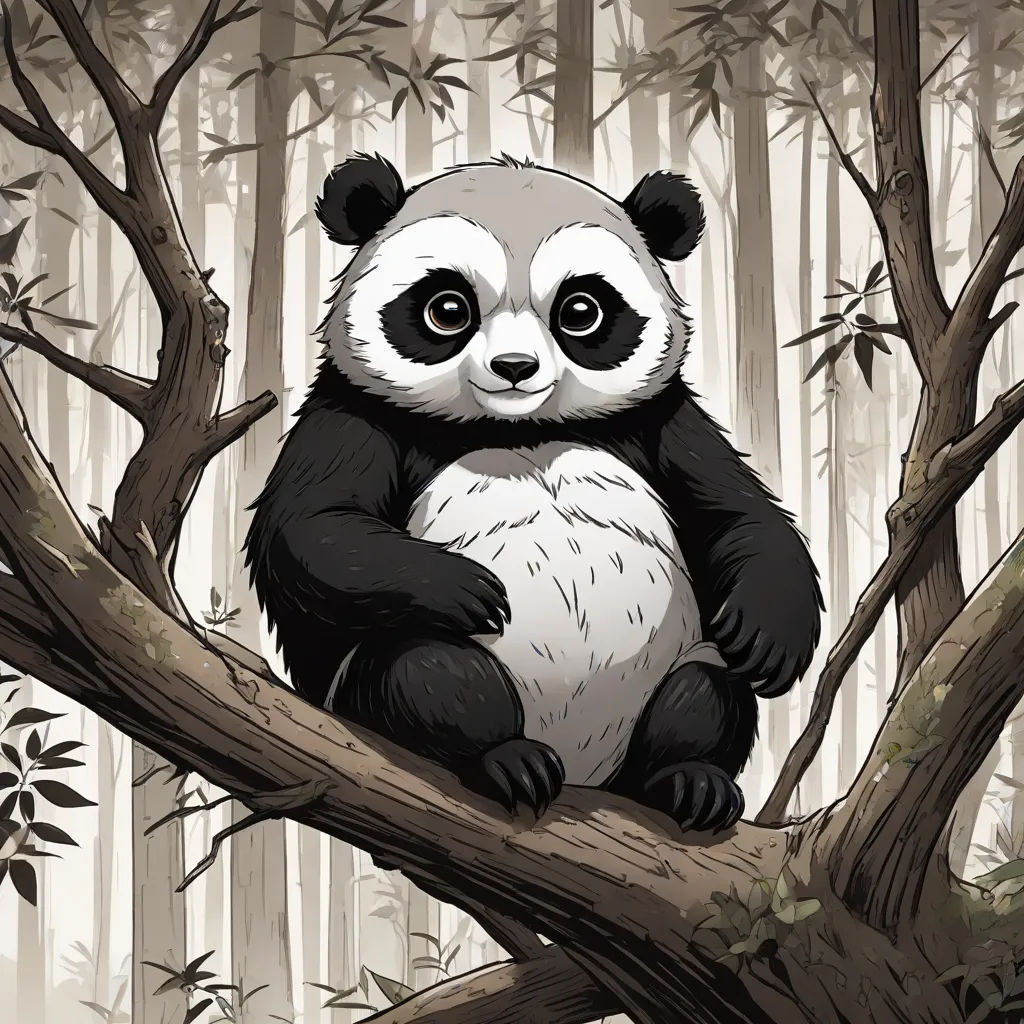 a panda bear sitting on a tree branch in a forest with bamboo trees and tall grass and tall branches, sōsaku hanga, a storybook illustration, Feng Zhu, storybook illustration
