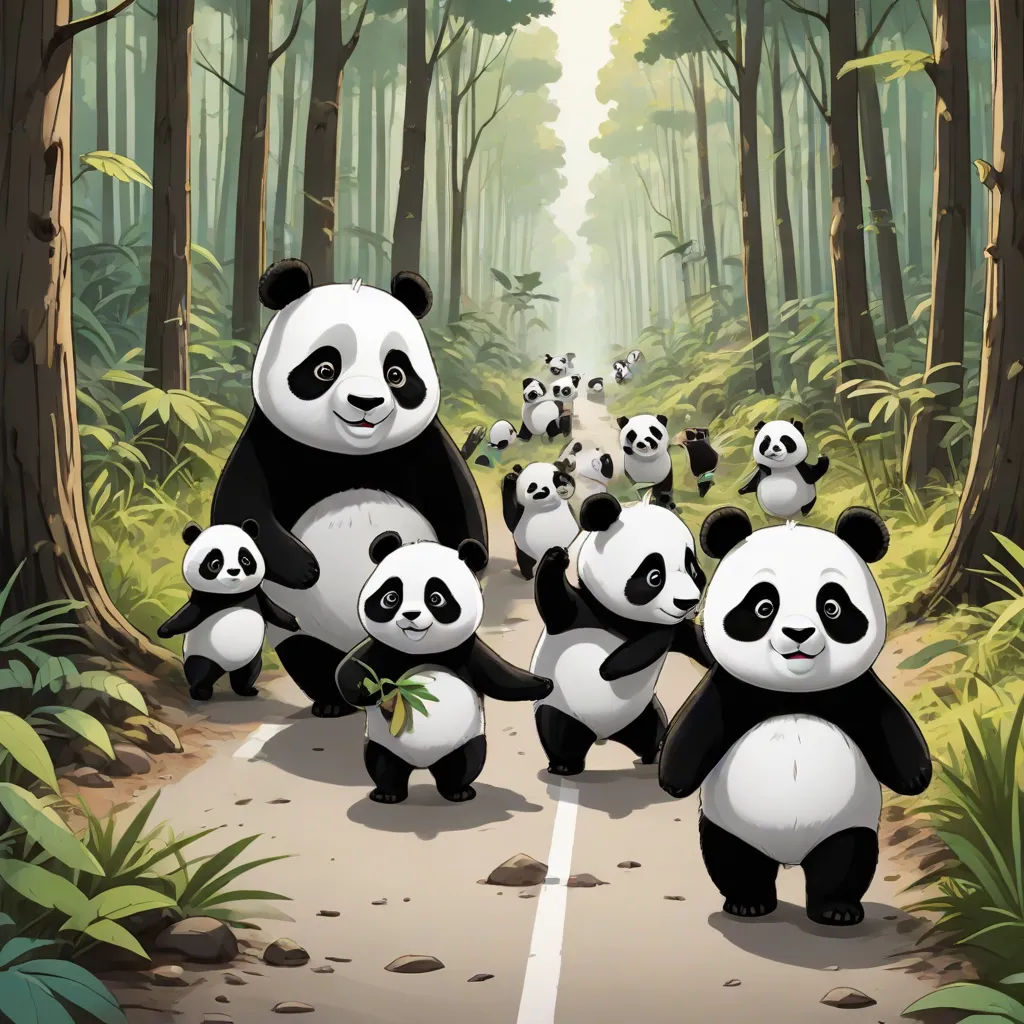 a group of pandas walking down a road in the woods with trees and bushes behind them, all carrying leaves, environmental art, a storybook illustration, Fan Qi, official art