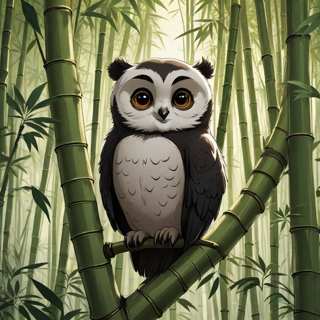 a small owl sitting on a bamboo tree branch in a bamboo forest with yellow eyes and brown eyes,, sots art, a storybook illustration, Chris LaBrooy, magic the gathering artwork