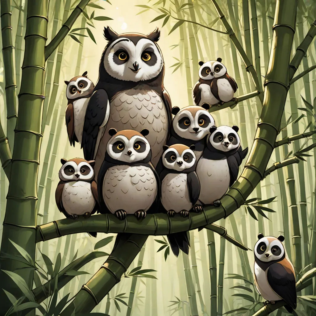 a family of pandas sitting on a bamboo tree branch in a bamboo forest with bamboo trees and bamboo leaves, fantasy art, a storybook illustration, Art of Brom, official art